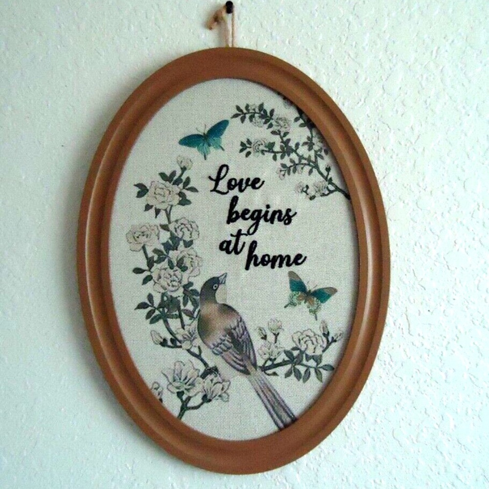 Vintage Oval Print Painting Nature Birds "Love begin at home" Canvas Size-15x11